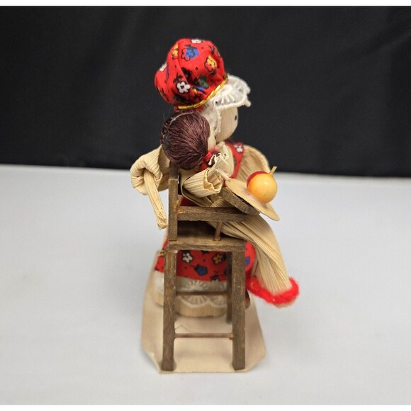 Vintage Handmade Corn Husk Doll Mother & Child in Wood High Chair Clothes 4.5" - Picture 6 of 12